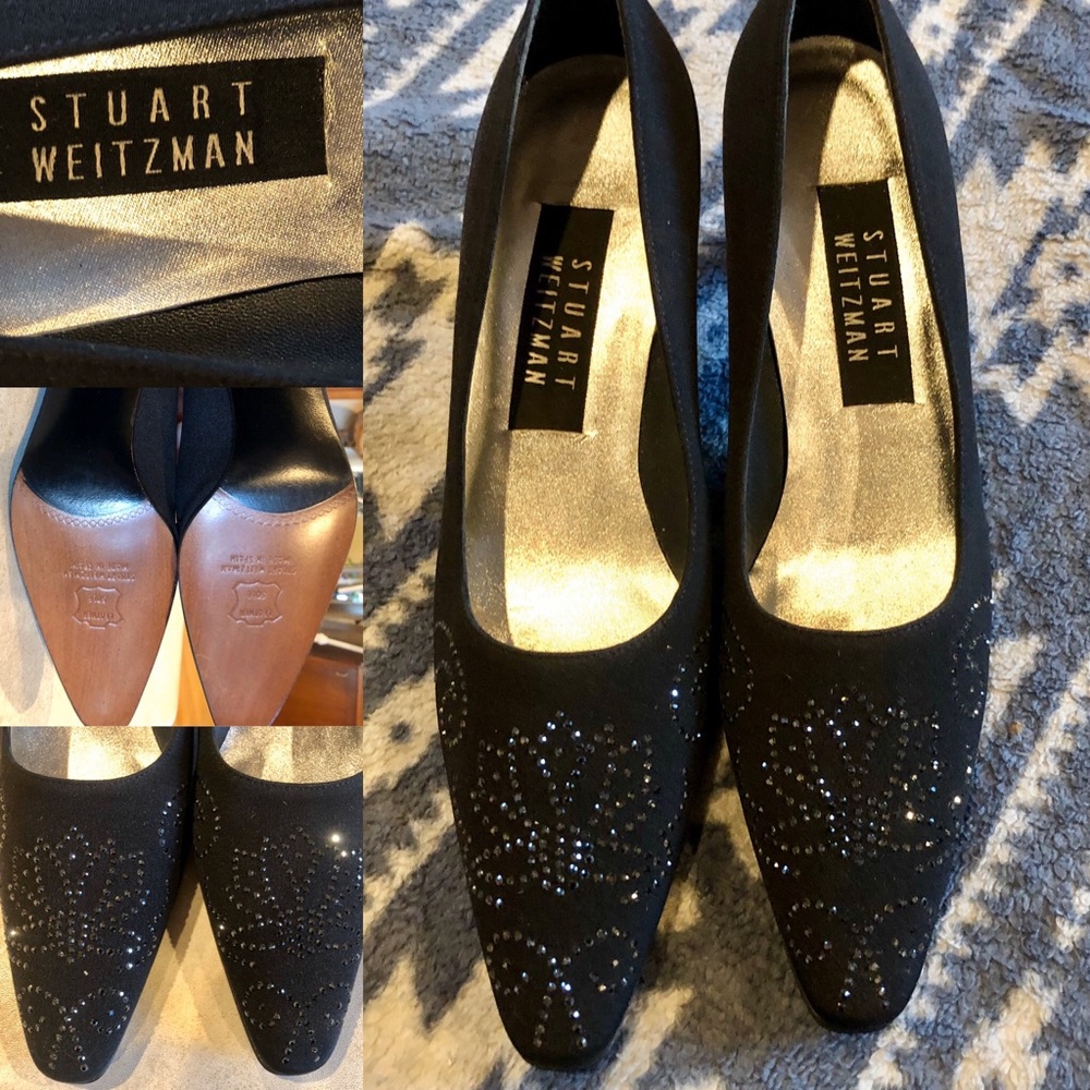 Vintage Stuart Weitzman Black Rhinestone Embellished Kitten Heels NWOT Sz 6.5